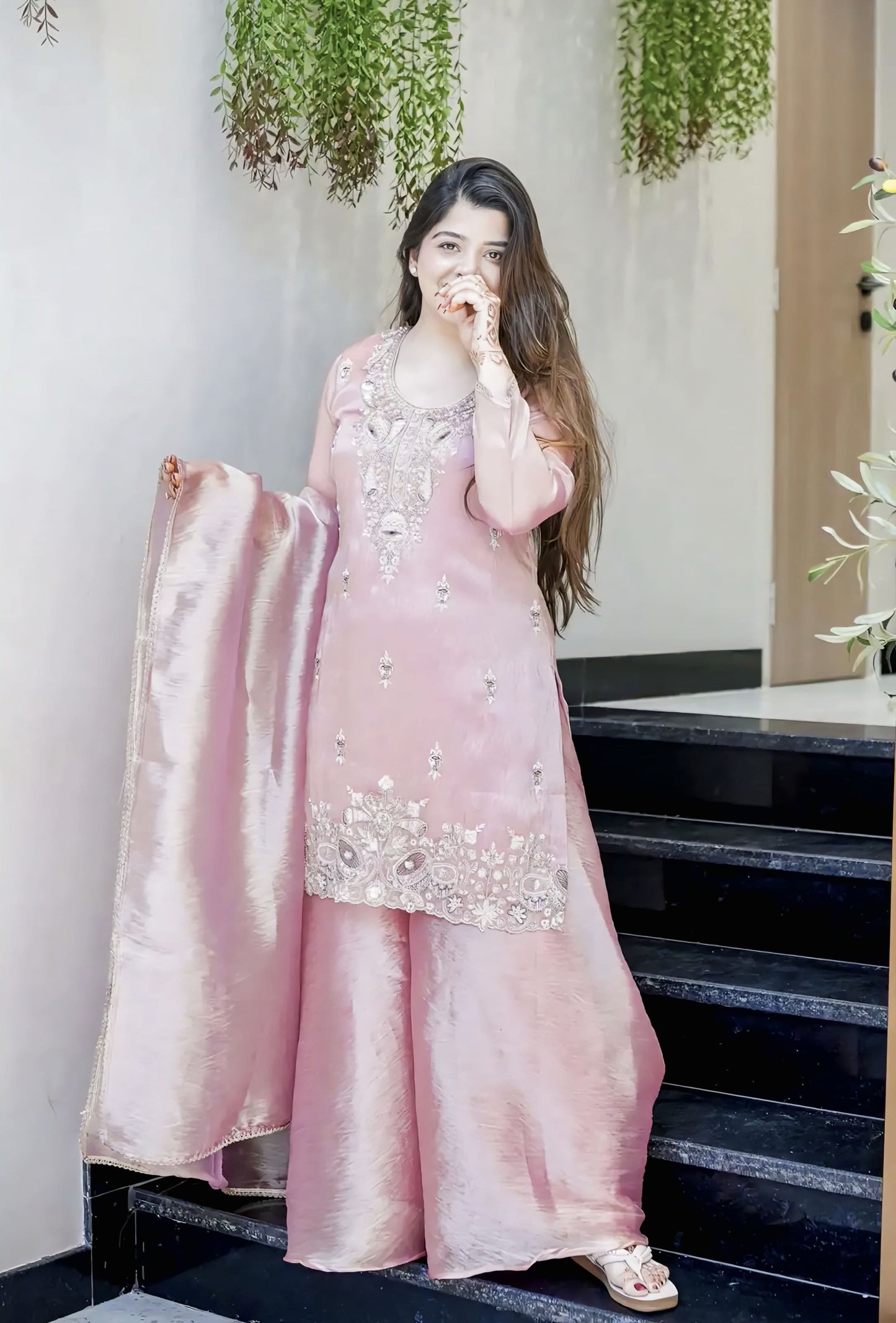 Pink Jimmy Choo Silk Salwar Suit with Embroidery Sequence & Lace Work
