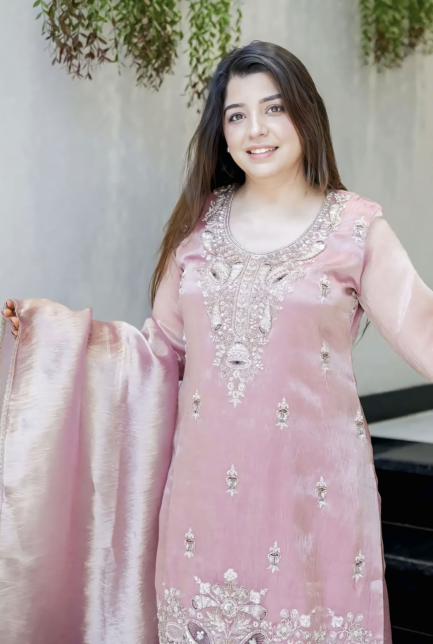 Pink Jimmy Choo Silk Salwar Suit with Embroidery Sequence & Lace Work
