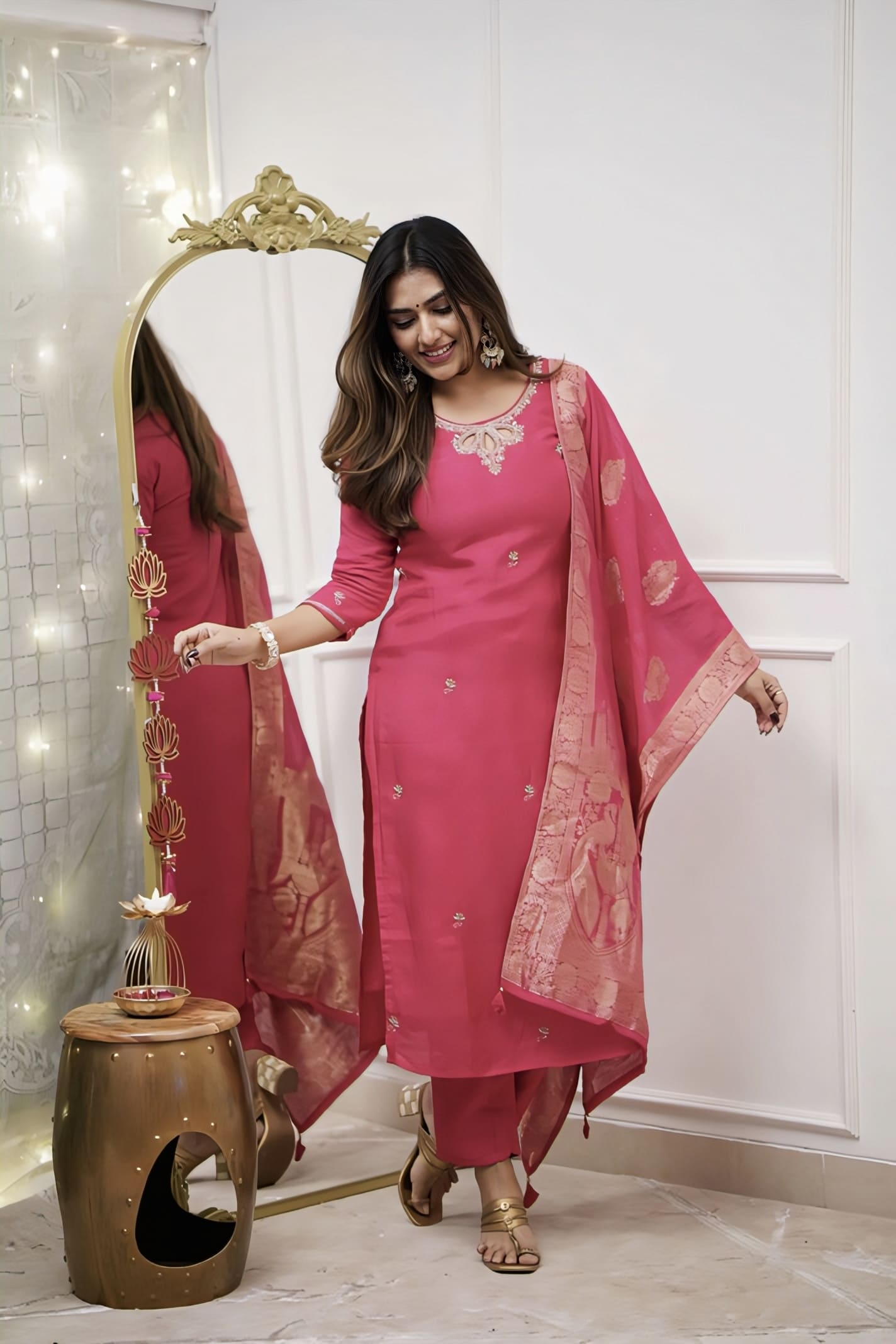 Pink viscose Chanderi salwar kameez with embroidery, woven work, and jacquard dupatta for festive and wedding wear