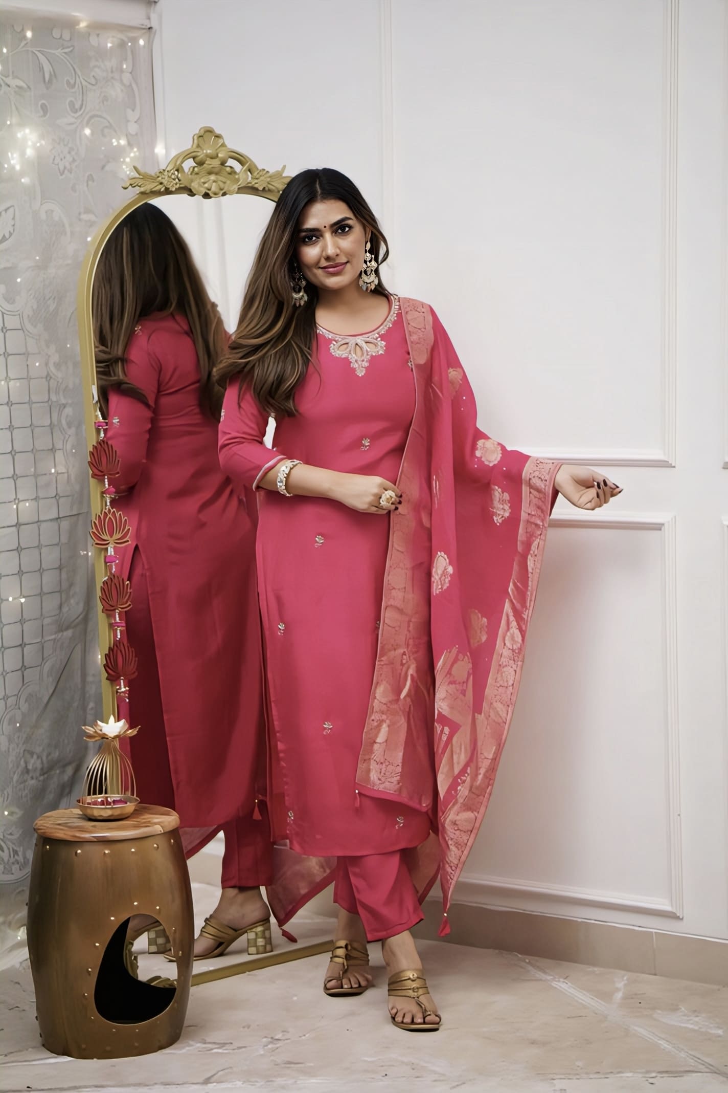 Ready To Wear Pink Viscose Chanderi Salwar Kameez with Jacquard Dupatta