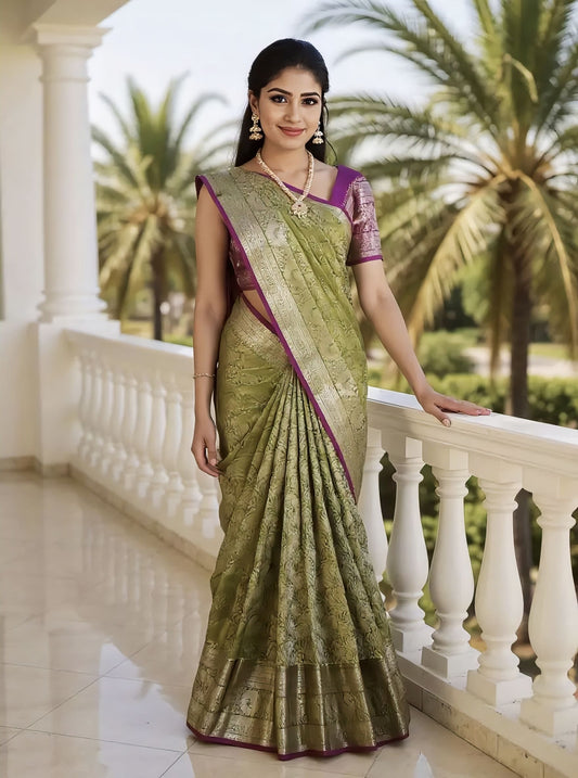 Parrot Green Saree with Silver Border Traditional Woven Silk Saree for Wedding and Festive Wear