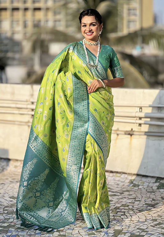Parrot Green Saree with Silver Border and Floral Woven Design Banarasi Style Festive Saree for Women