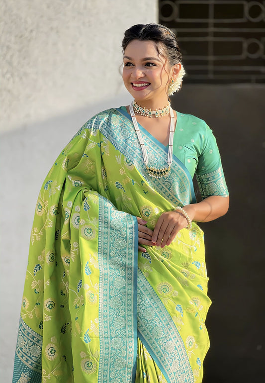 Parrot Green Saree with Silver Border – Banarasi Style Woven Festive & Wedding Saree