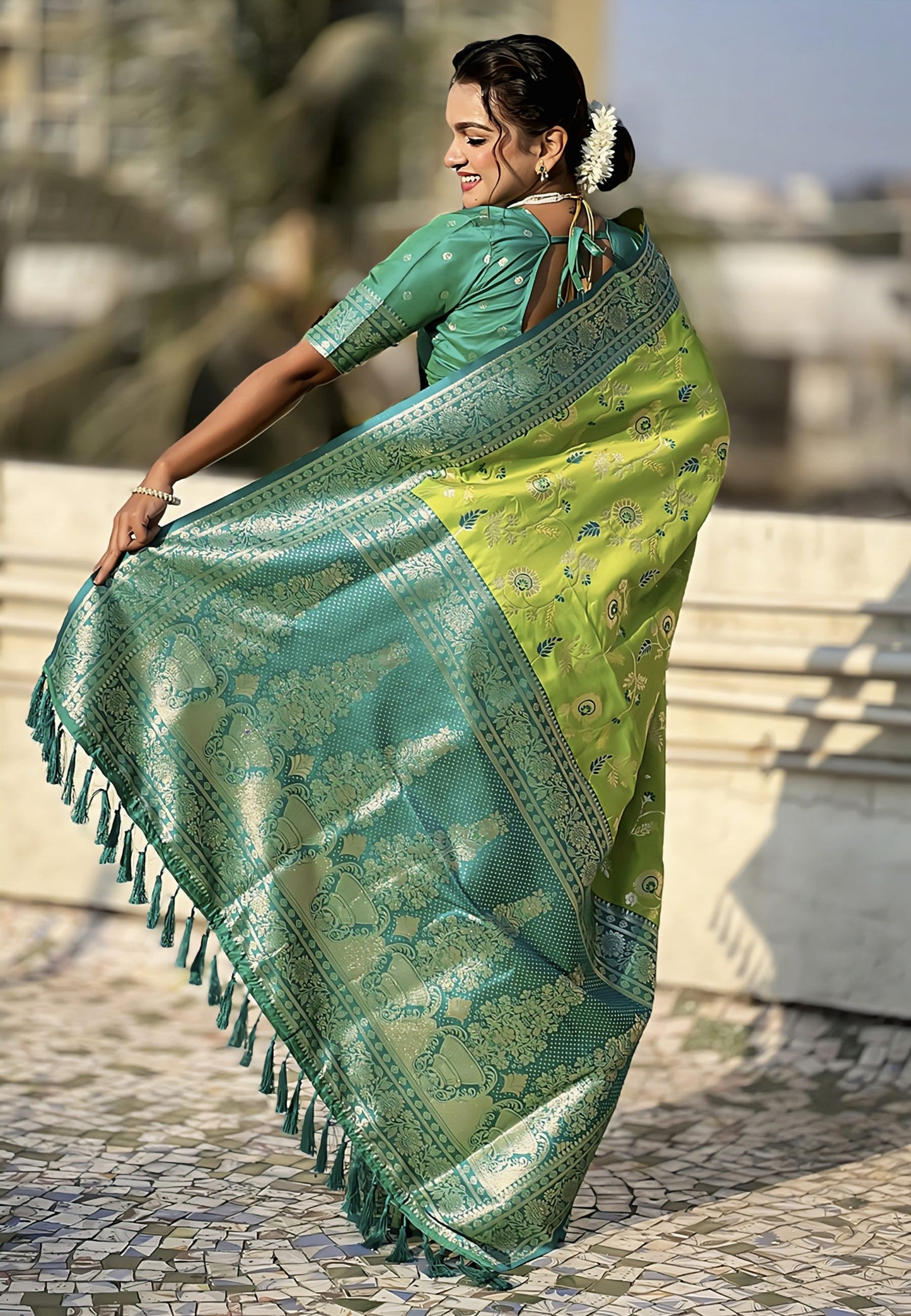 Parrot Green Saree with Silver Border – Banarasi Style Woven Festive & Wedding Saree