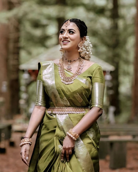 Parrot Green Saree with Silver Border – Traditional South Indian Silk Saree for Wedding Wear