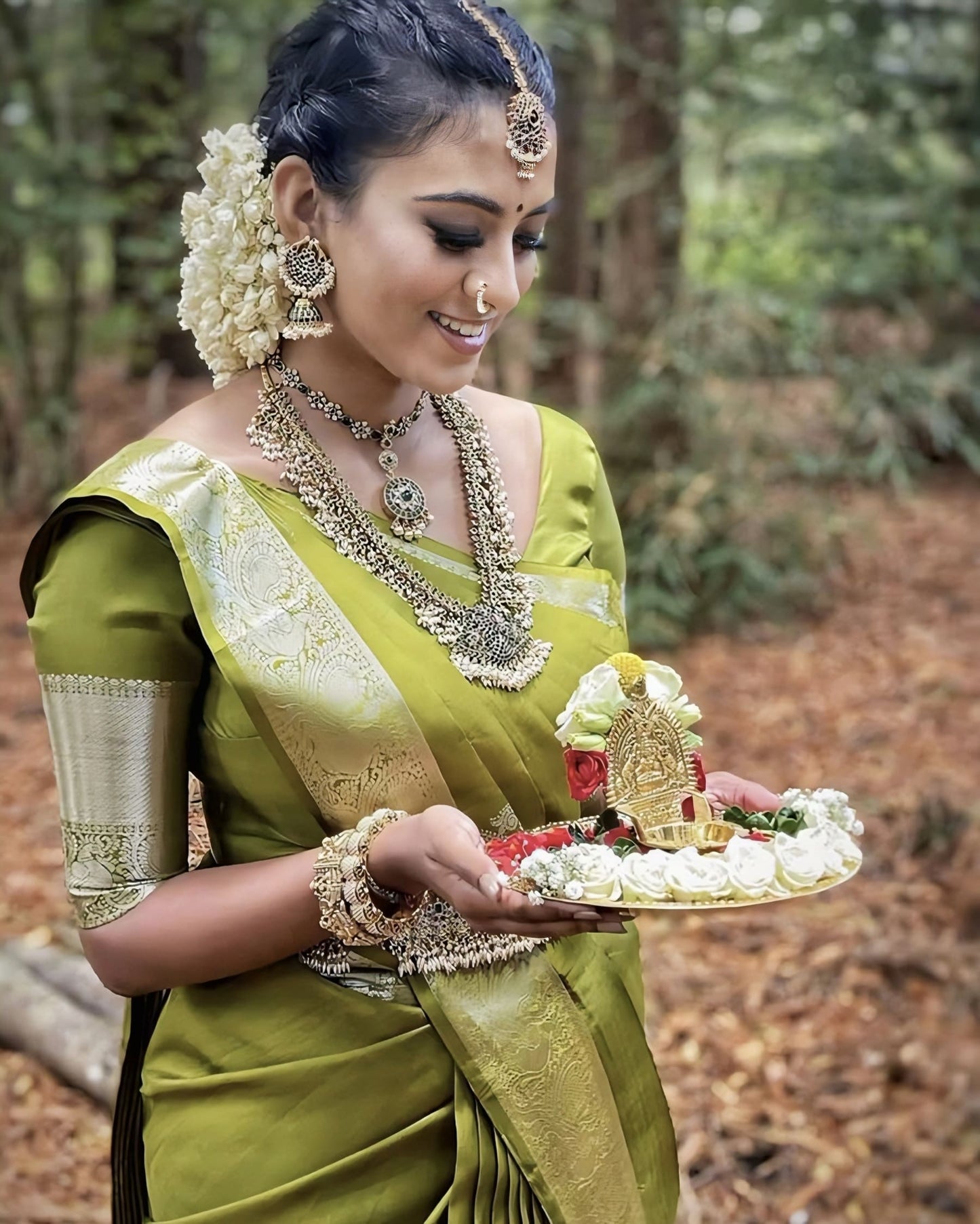 Parrot Green Saree with Silver Border – Traditional South Indian Silk Saree for Wedding Wear