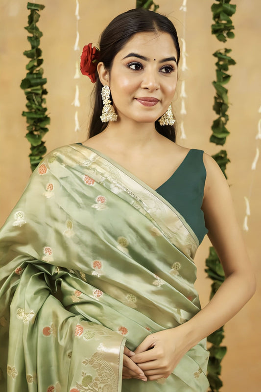 Parrot Green Saree with Silver Border – Elegant Floral Woven Festive Saree for Women