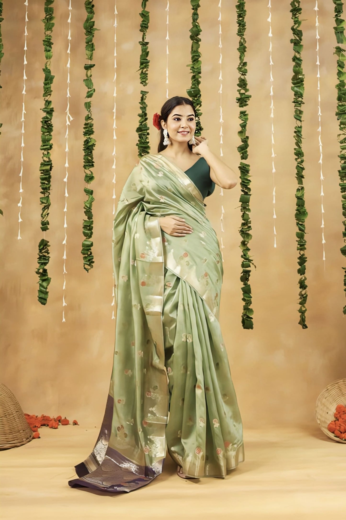 Parrot Green Saree with Silver Border Floral Woven Designer Saree for Women Festive Wear
