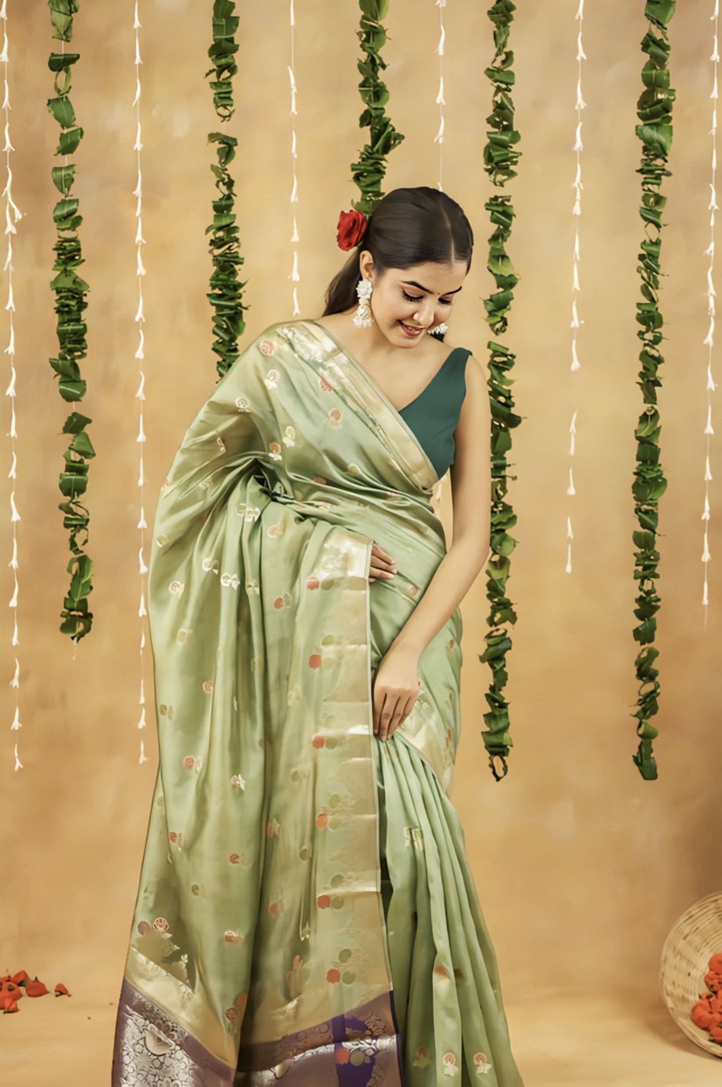 Parrot Green Saree with Silver Border – Elegant Floral Woven Festive Saree for Women