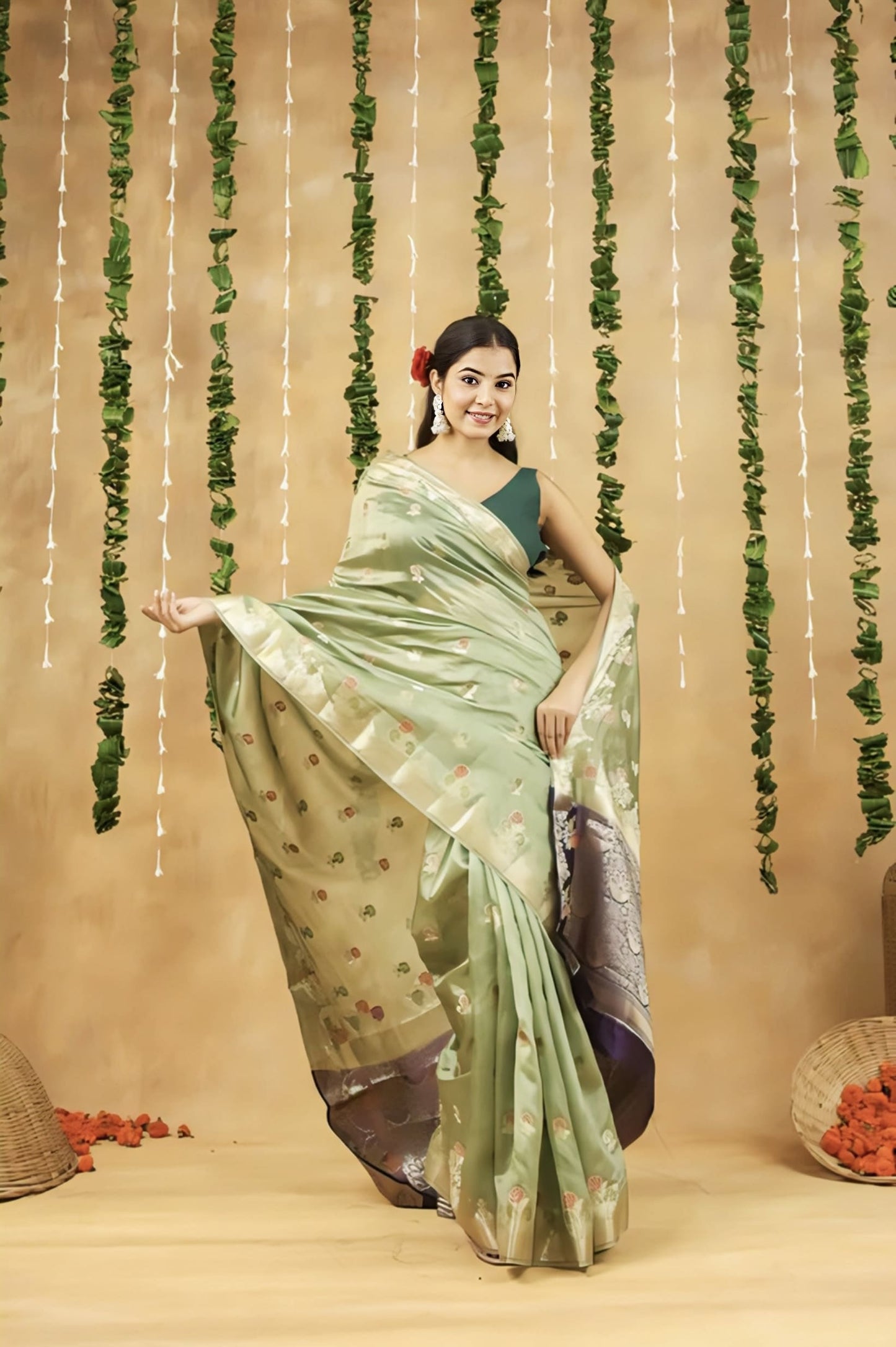 Parrot Green Saree with Silver Border – Elegant Floral Woven Festive Saree for Women