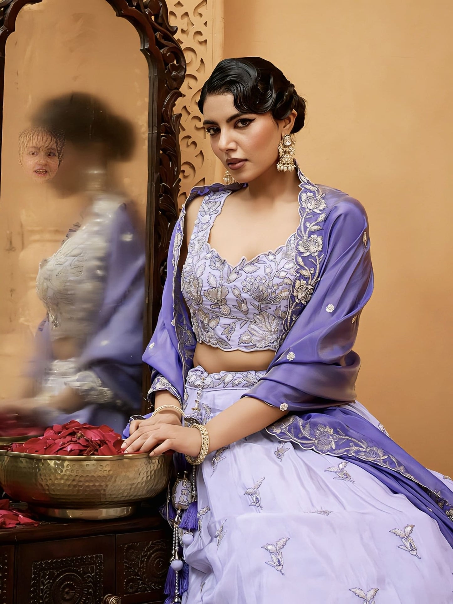Lavender Blue Lehenga Choli with Navy Blue Dupatta | Embroidered Party & Wedding Wear