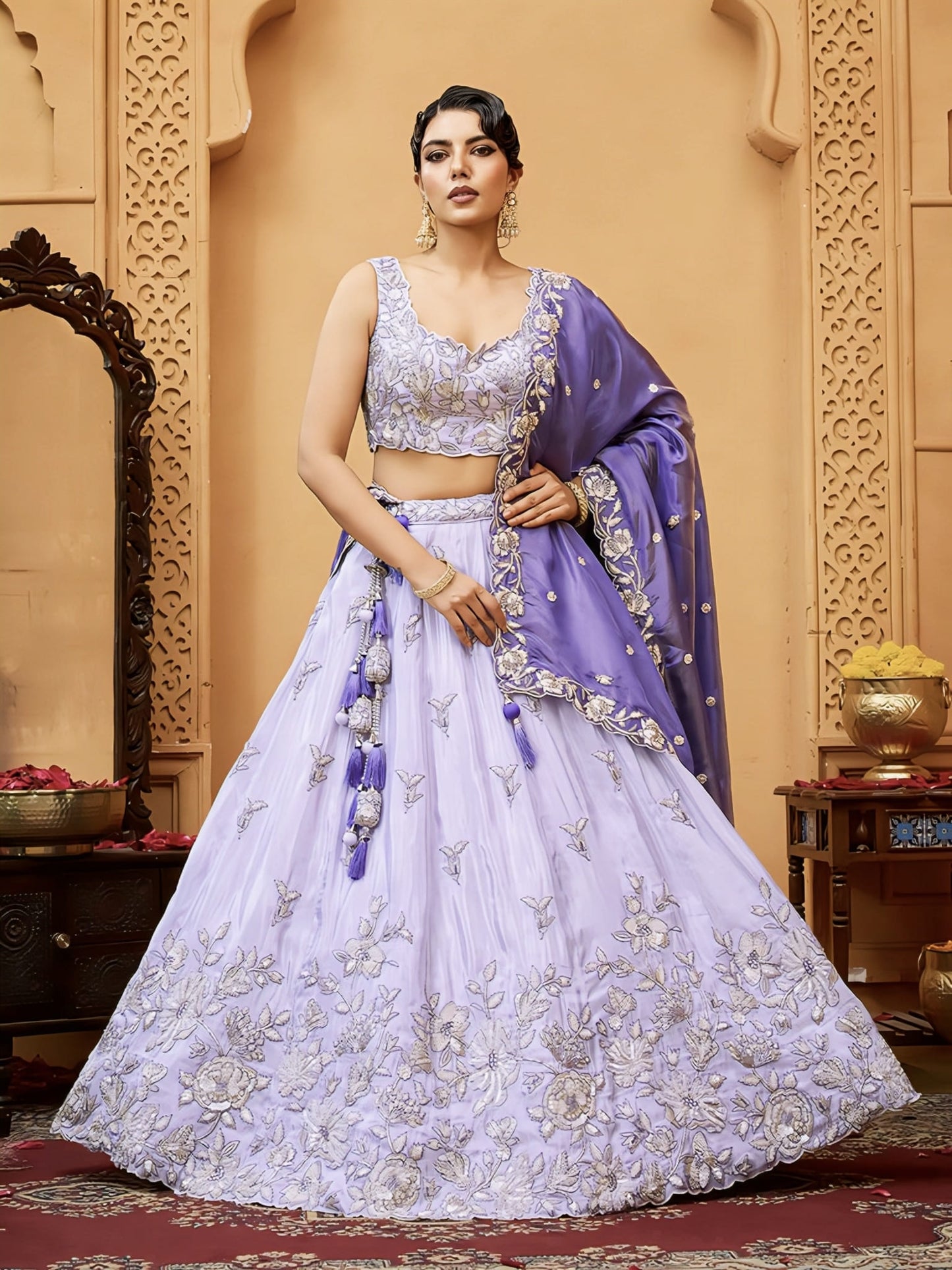 Lavender Blue Lehenga Choli with Navy Blue Dupatta | Embroidered Party & Wedding Wear
