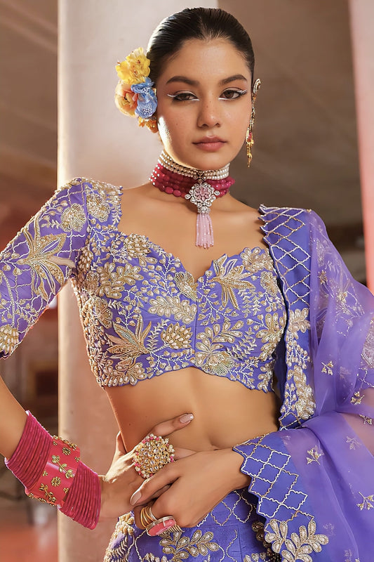 Lavender Blue Lehenga Set in Raw Silk | Hand Embroidered Wedding Wear Lehenga
