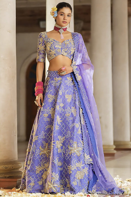 Lavender Blue Raw Silk Hand Embroidered Lehenga Set