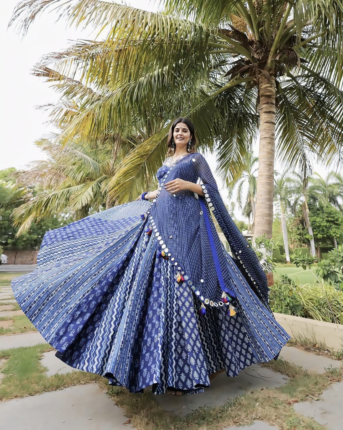 Navy Blue Printed Lehenga Choli with Mirror Work for Women