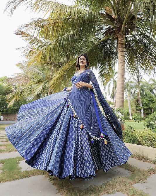 Navy Blue Printed Lehenga Choli with Mirror Work for Women