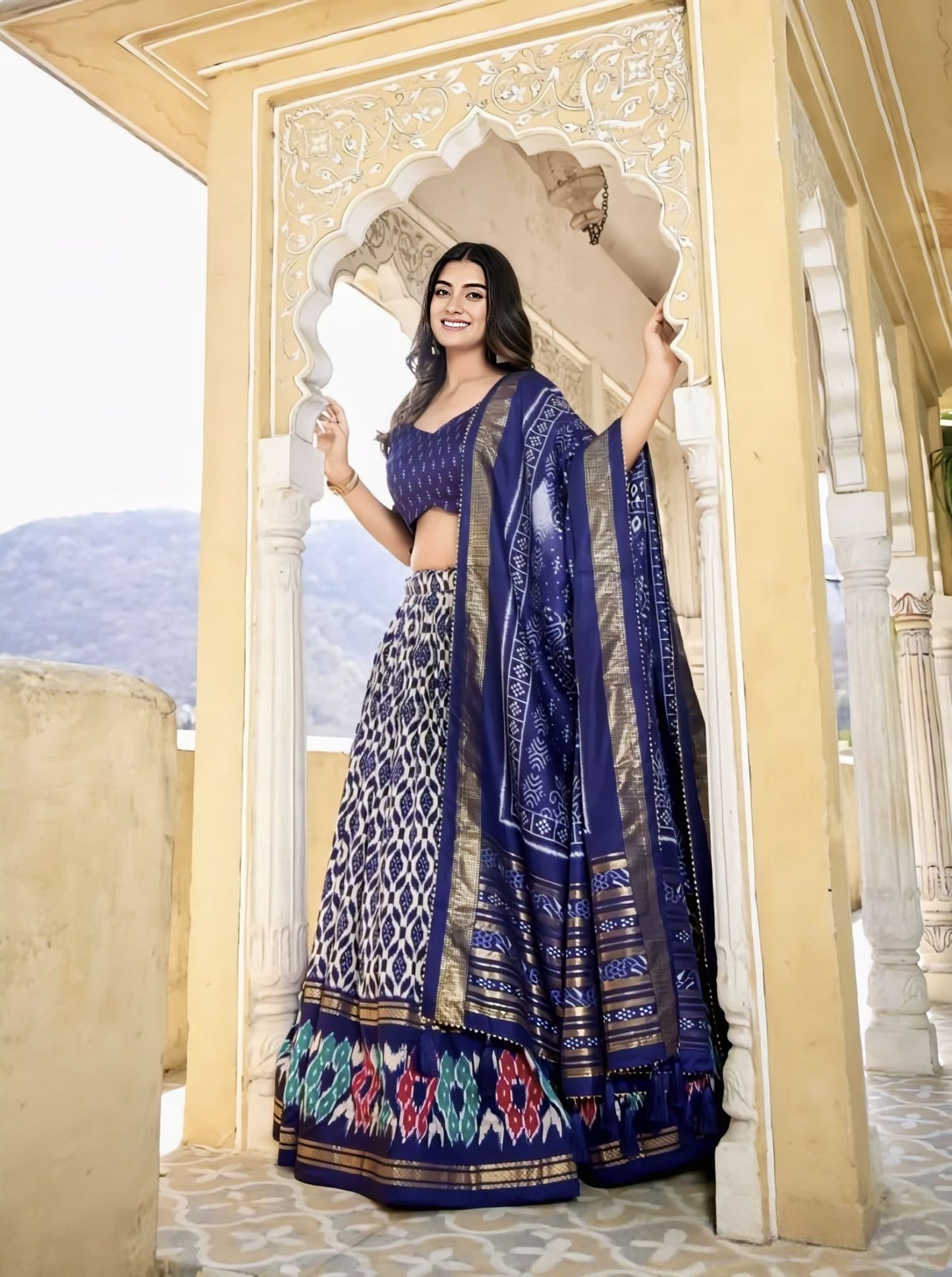 Navy Blue Ikkat Printed Lehenga Choli in Tussar Silk with Foil Work