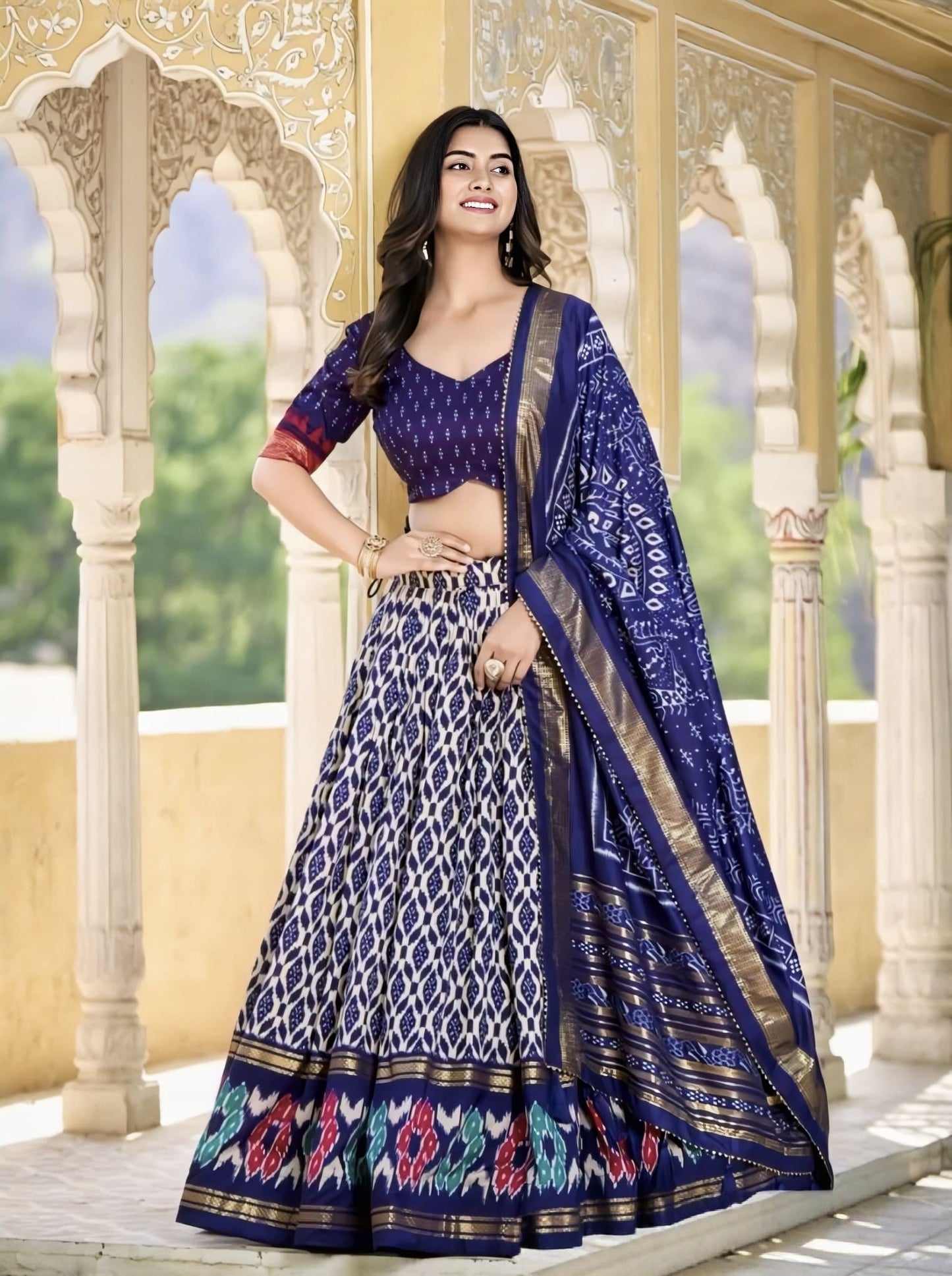 Navy Blue Ikkat Printed Tussar Silk Lehenga Choli