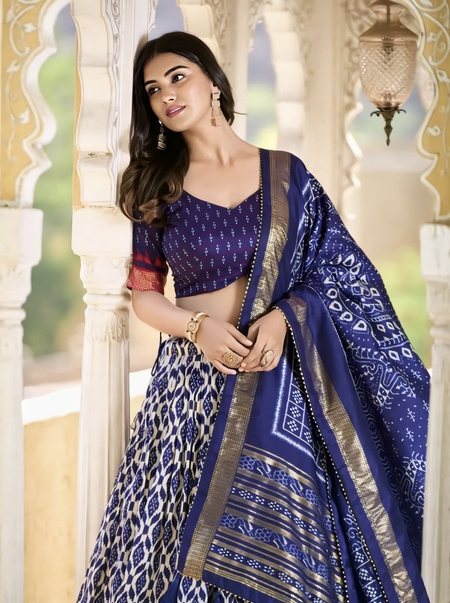 Navy Blue Ikkat Printed Lehenga Choli in Tussar Silk with Foil Work