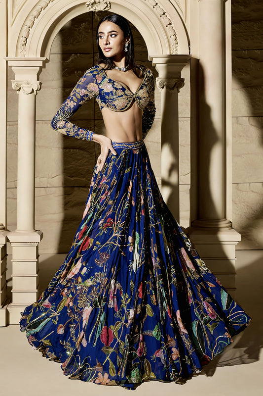Navy Blue Floral Embroidered Organza Lehenga Set