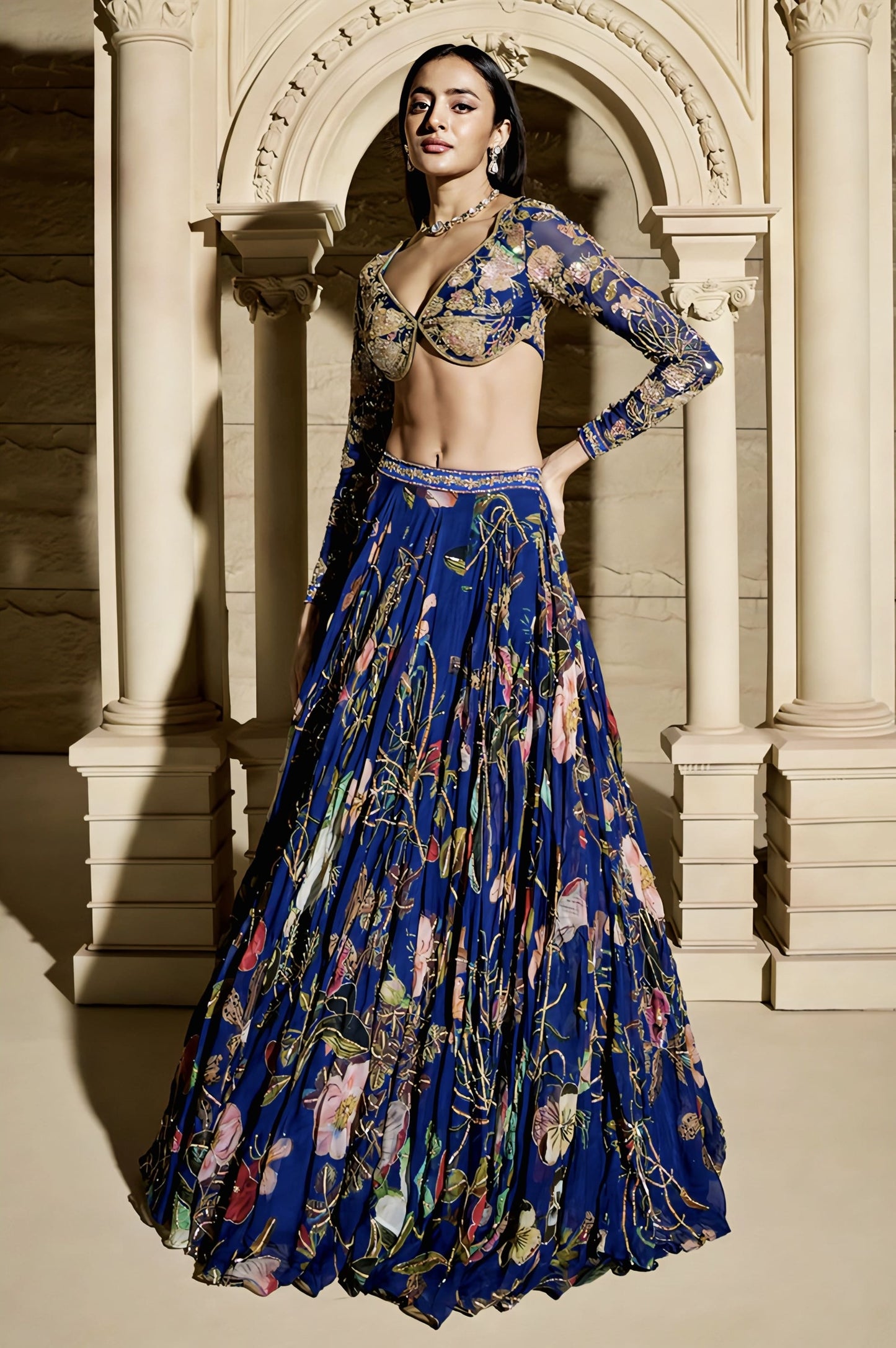 Navy Blue Floral Embroidered Lehenga Set in Organza for Women
