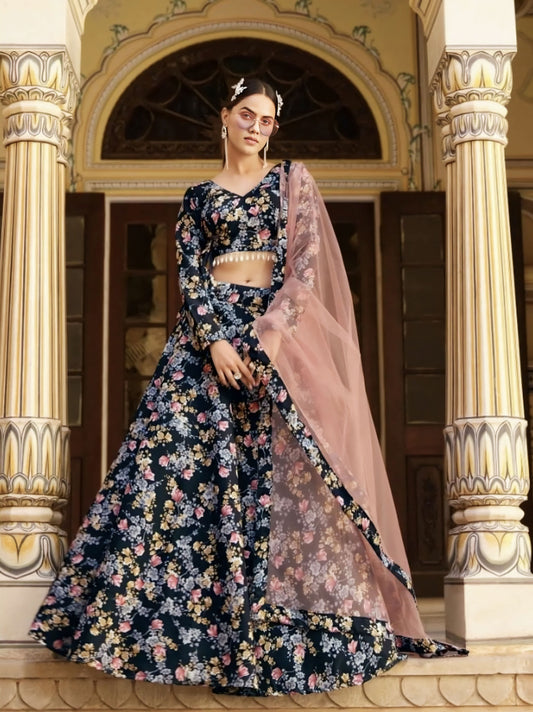 Elegant Navy Blue Floral Printed Lehenga Choli
