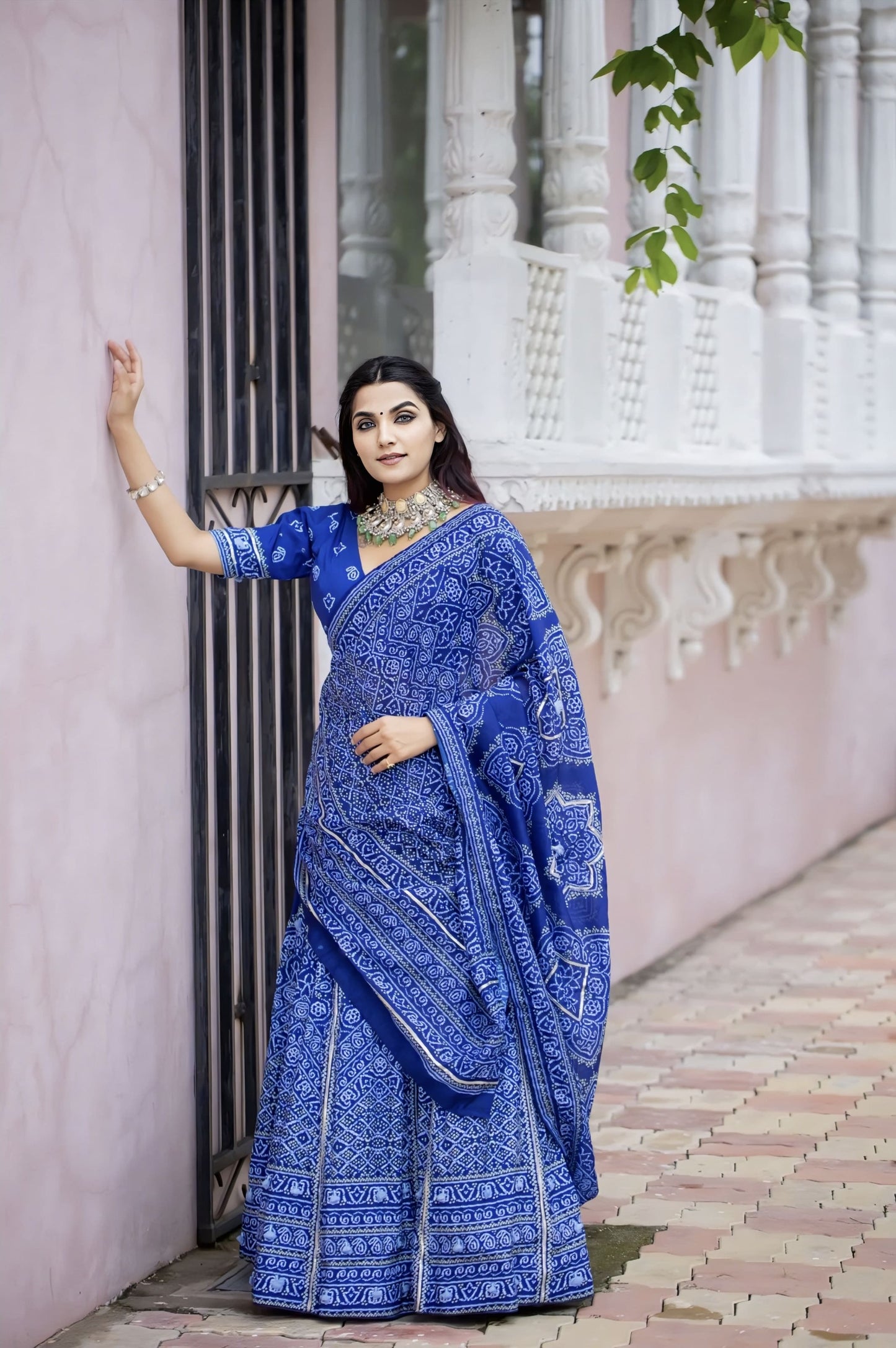 Bandhani Printed Navy Blue Lehenga Choli with Gota Patti Work