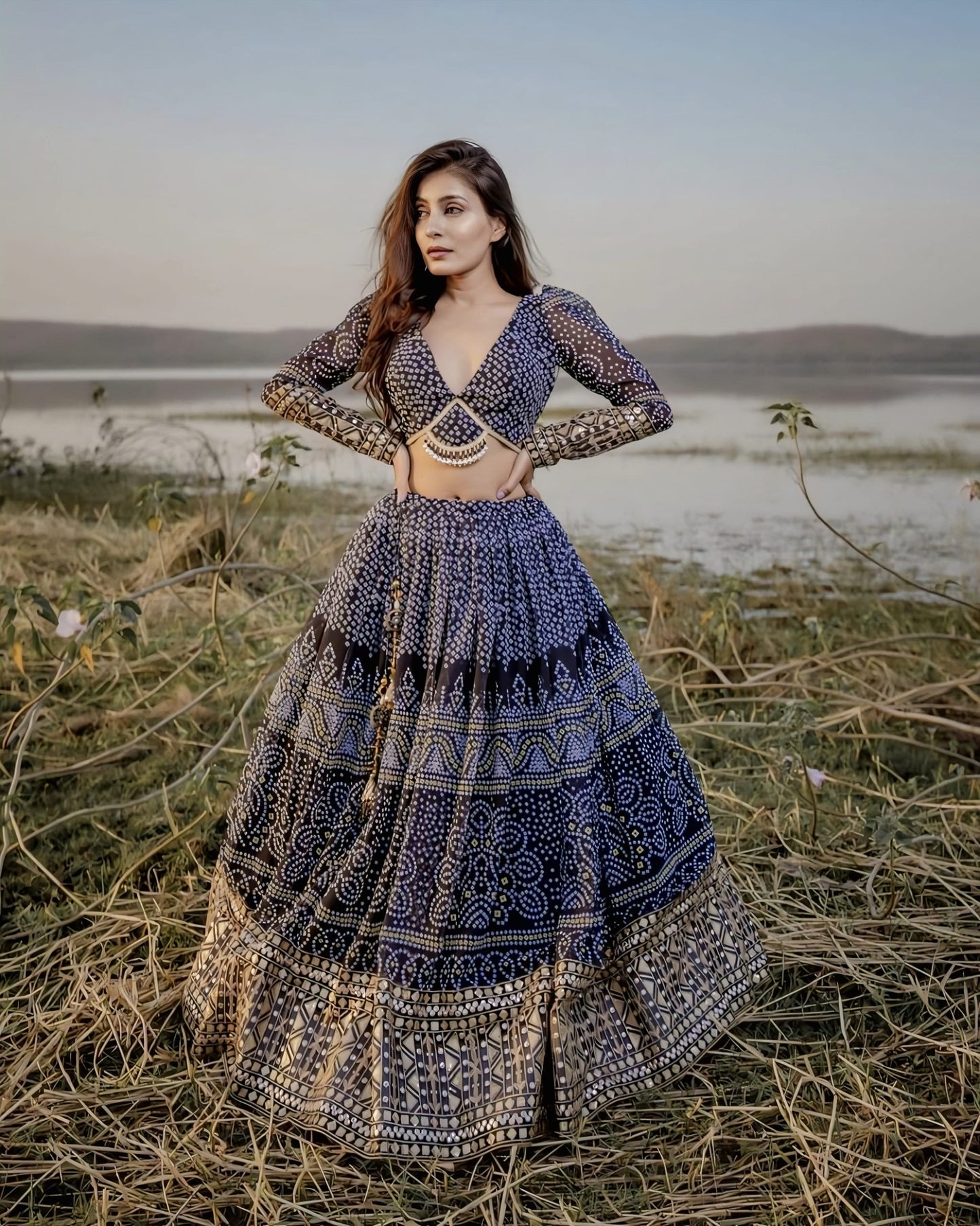 New Style Designer Navy Blue Bandhani Print Lehenga Choli for Women