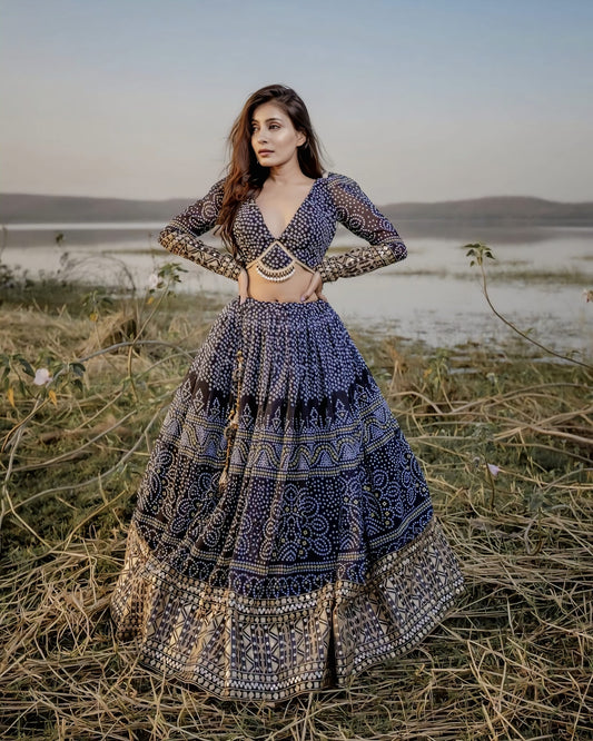 New Style Designer Navy Blue Bandhani Print Lehenga Choli for Women