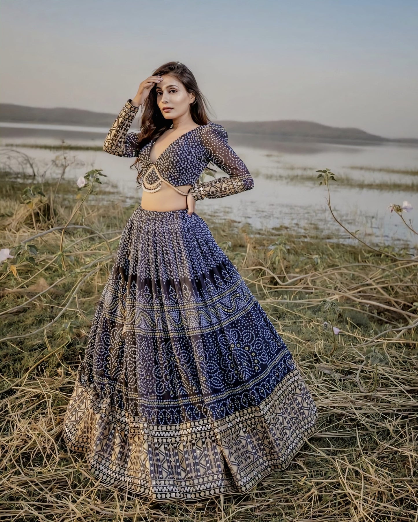 New Style Designer Navy Blue Bandhani Print Lehenga Choli for Women