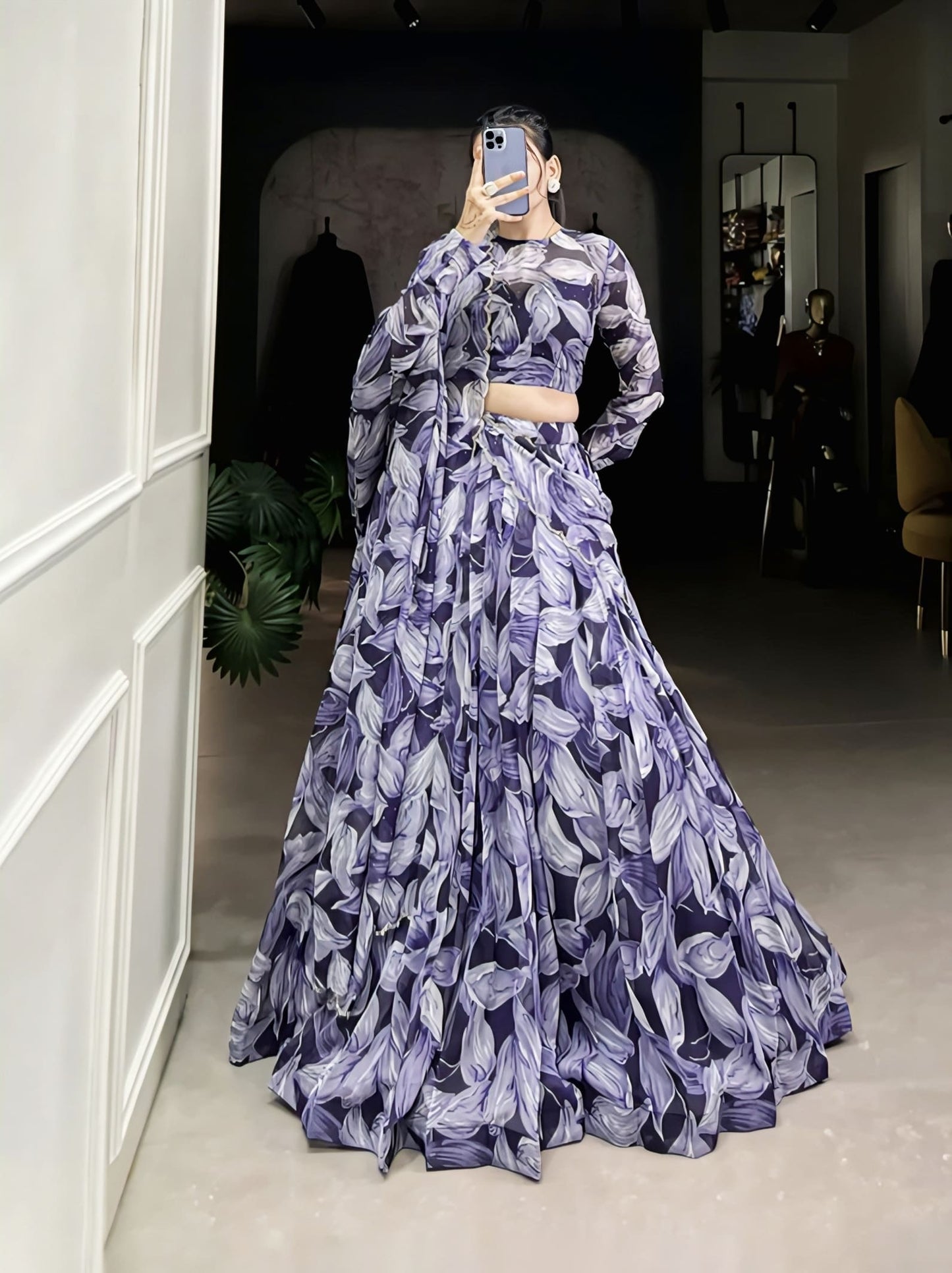 Navy Blue Printed Tubby Silk Lehenga Choli