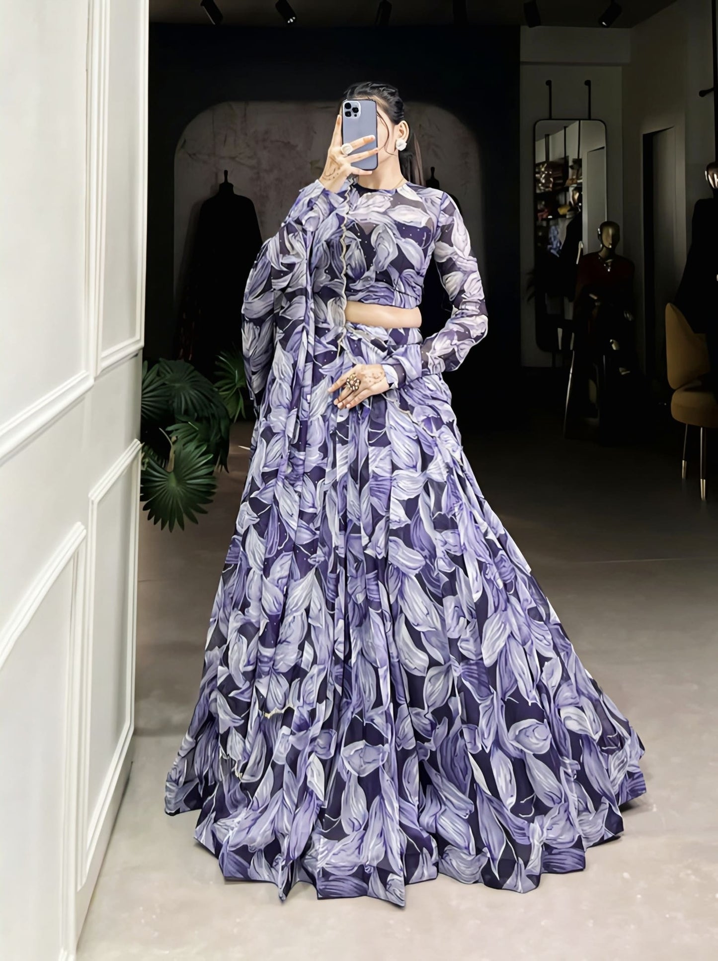 Navy Blue Printed Tubby Silk Lehenga Choli with Hotfix Work