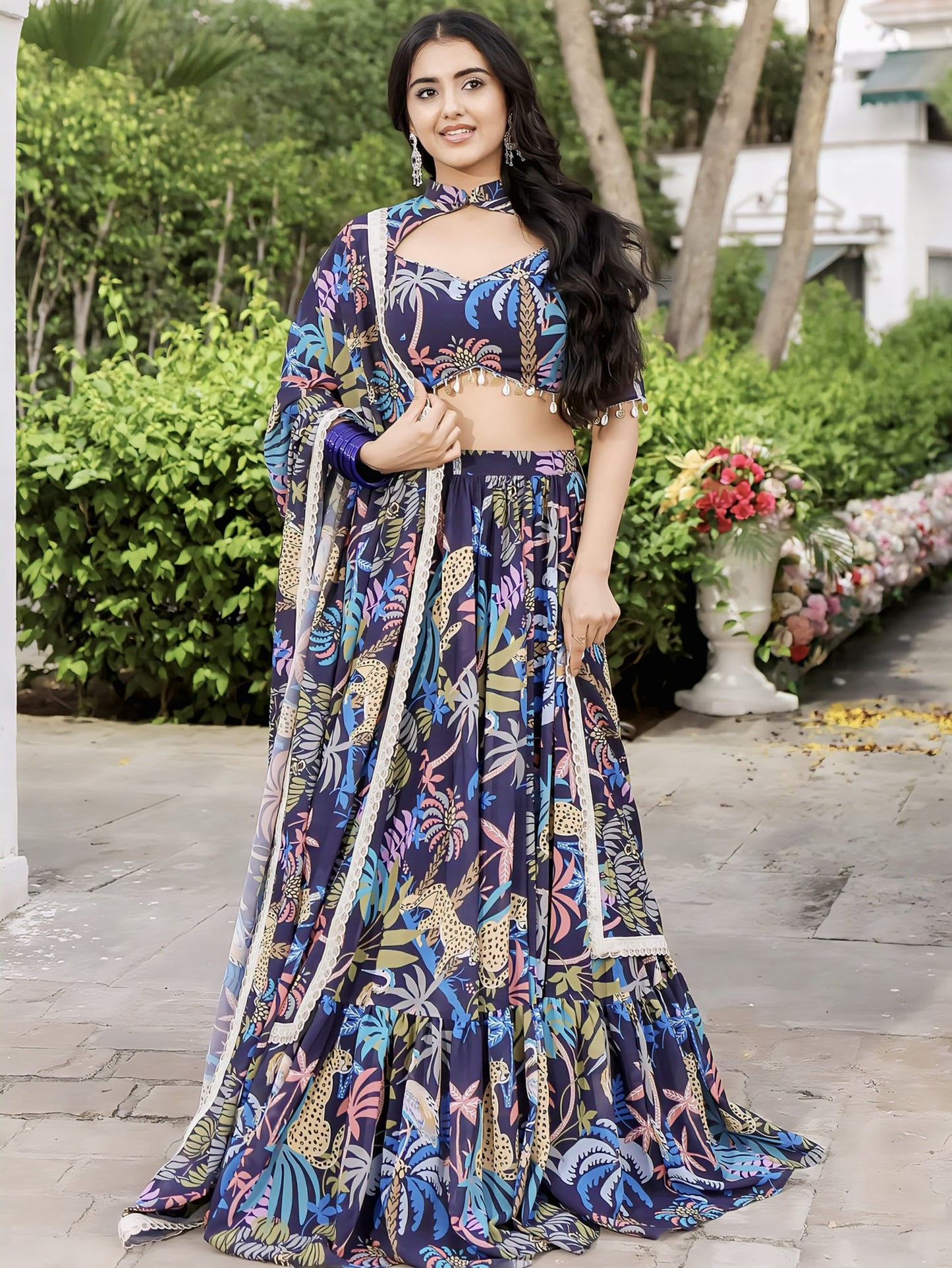Navy Blue Printed Lehenga with Halter Neck Blouse
