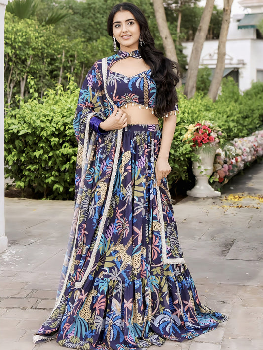 Navy Blue Printed Lehenga with Halter Neck Blouse