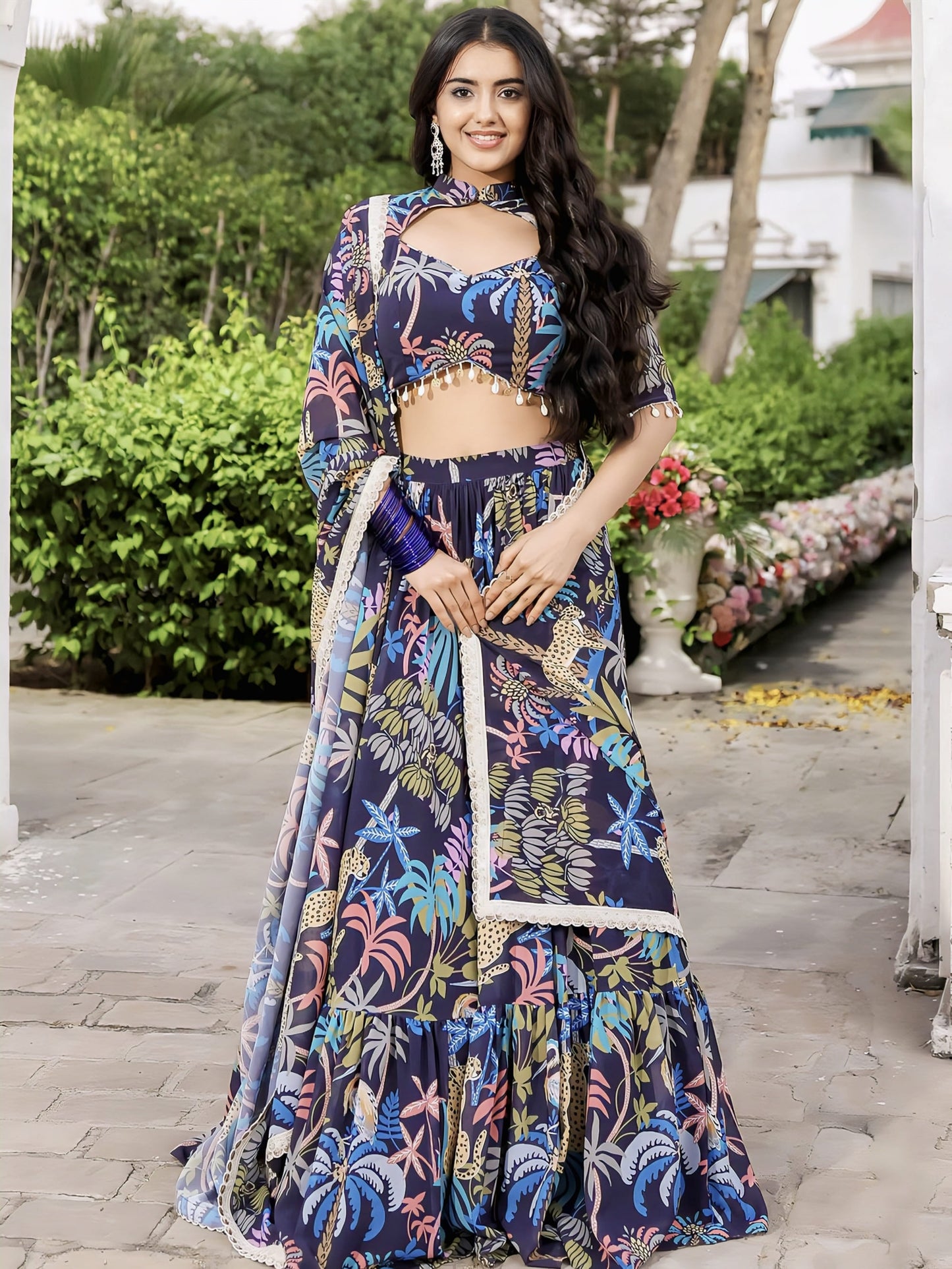 Navy Printed Georgette Lehenga Set for Women | Festive & Party Wear