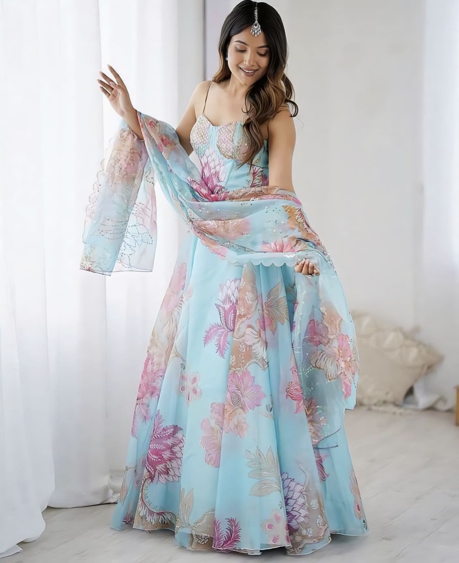 Trending light blue floral lehenga design