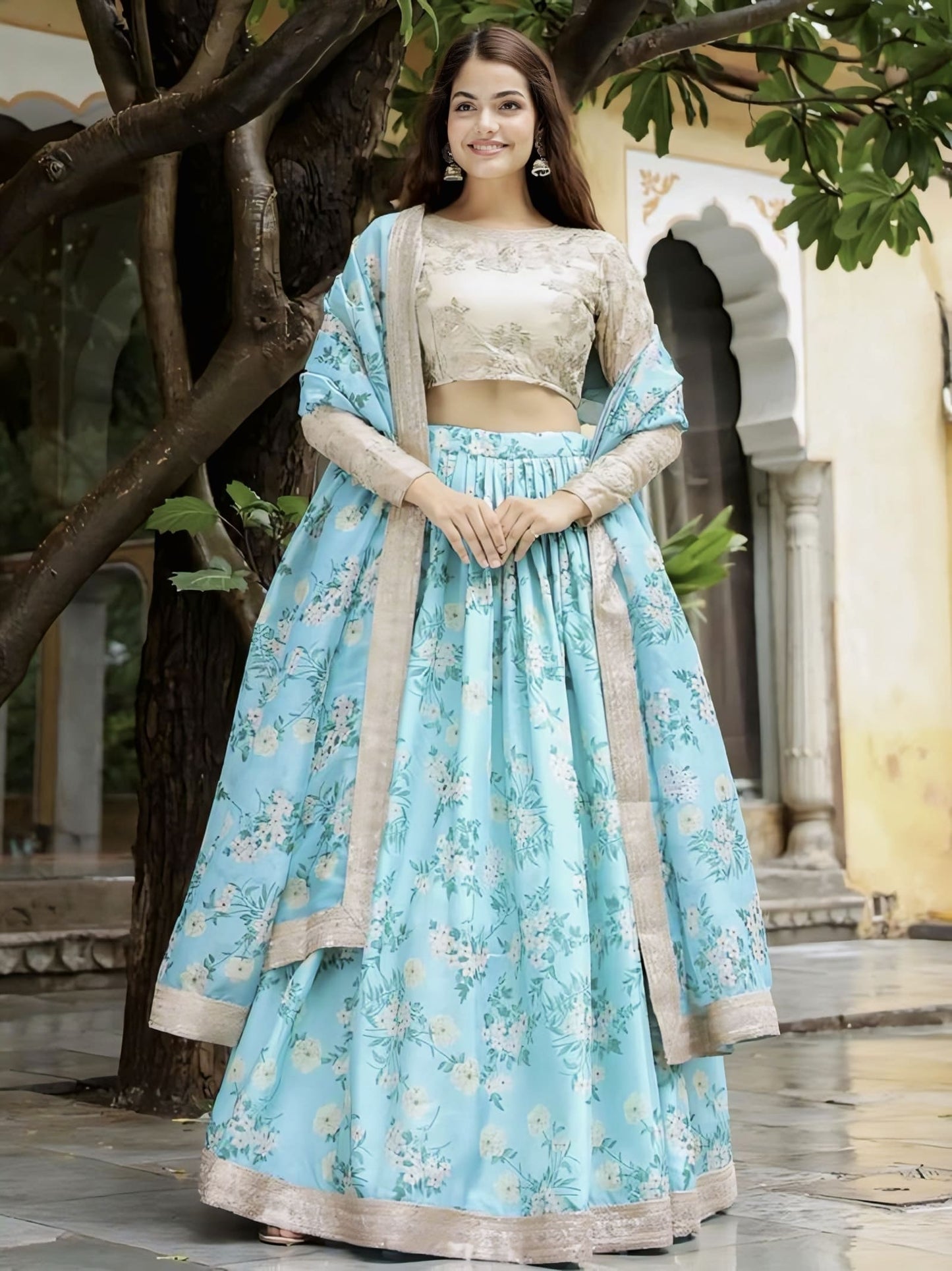 Elegant light blue floral print lehenga design