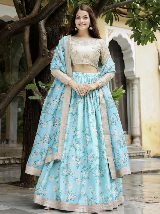 Elegant light blue floral print lehenga design