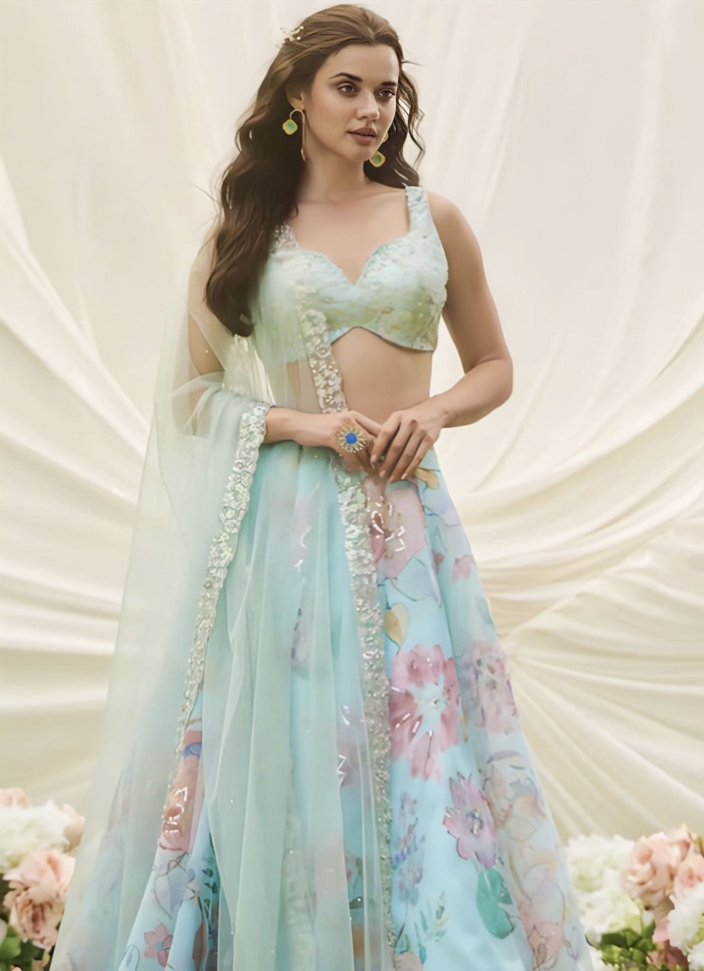 Light Blue Multicolor Floral Embroidered Lehenga Choli With Dupatta