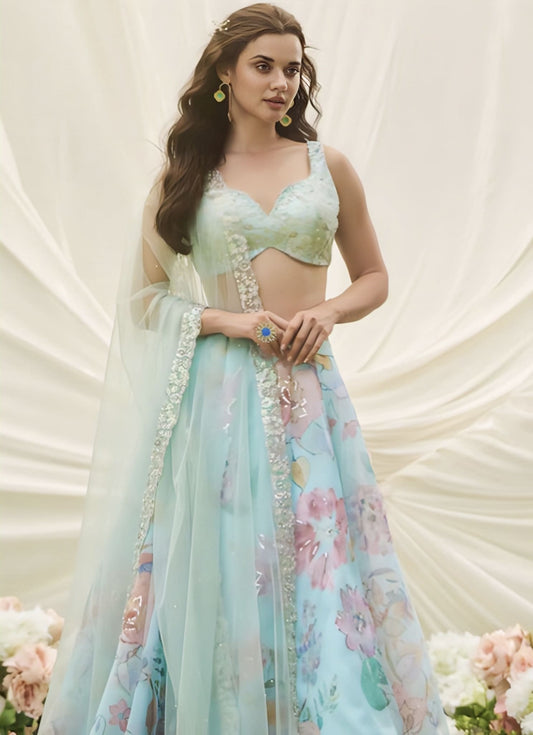 Light Blue Multicolor Floral Embroidered Lehenga Choli With Dupatta