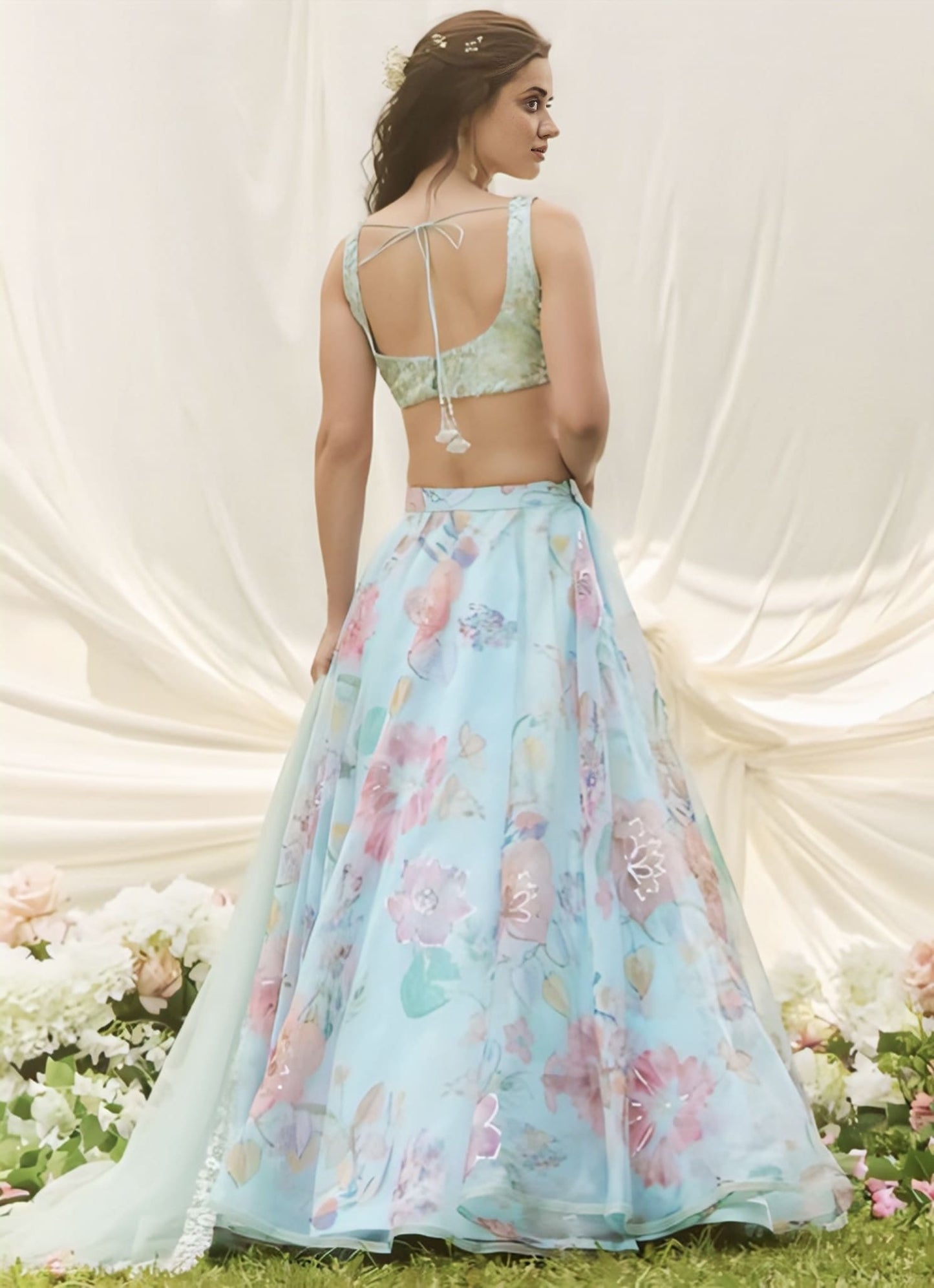 Light Blue Multicolor Floral Embroidered Lehenga Choli With Dupatta