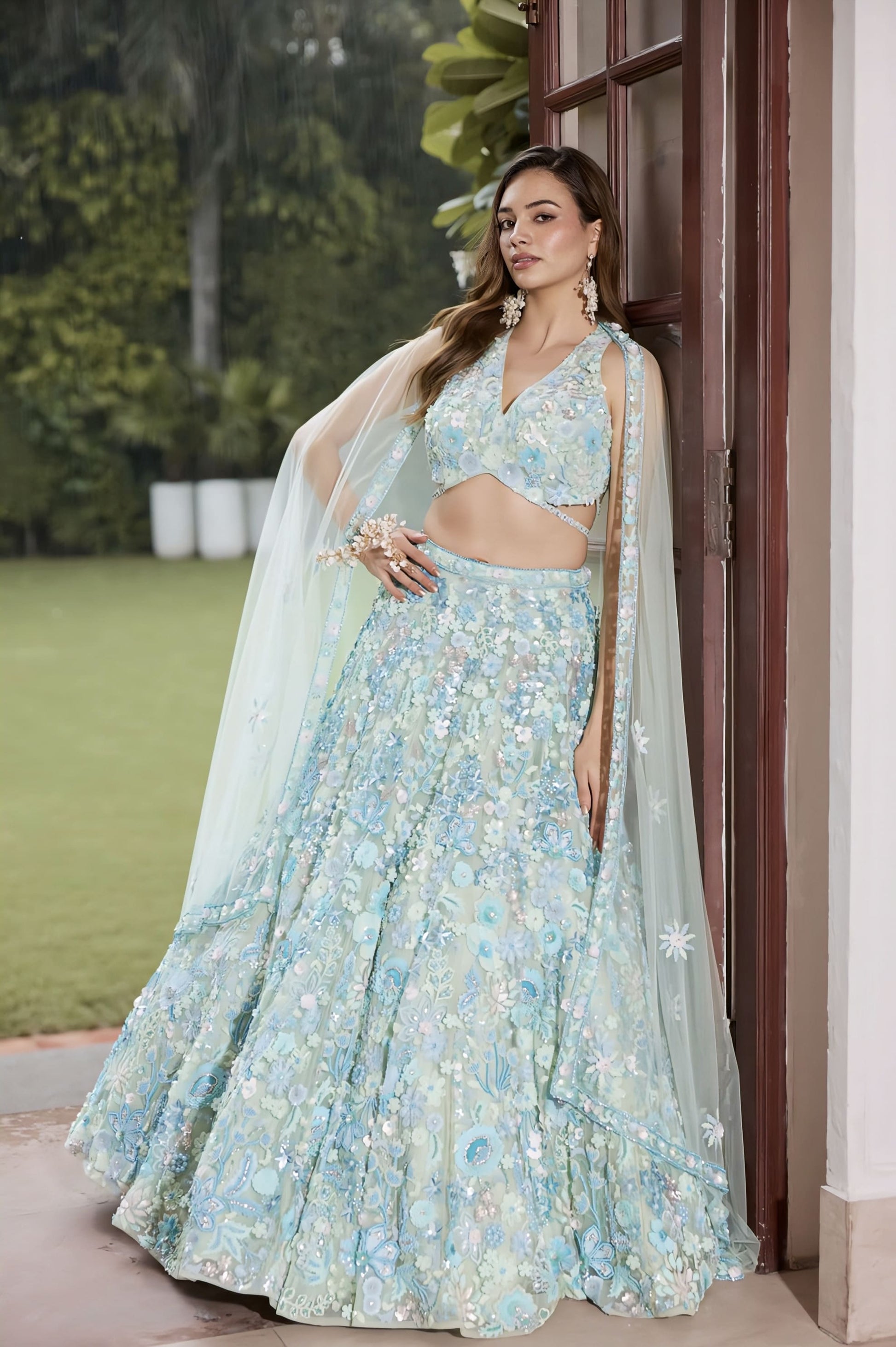 Elegant light blue floral-inspired designer lehenga
