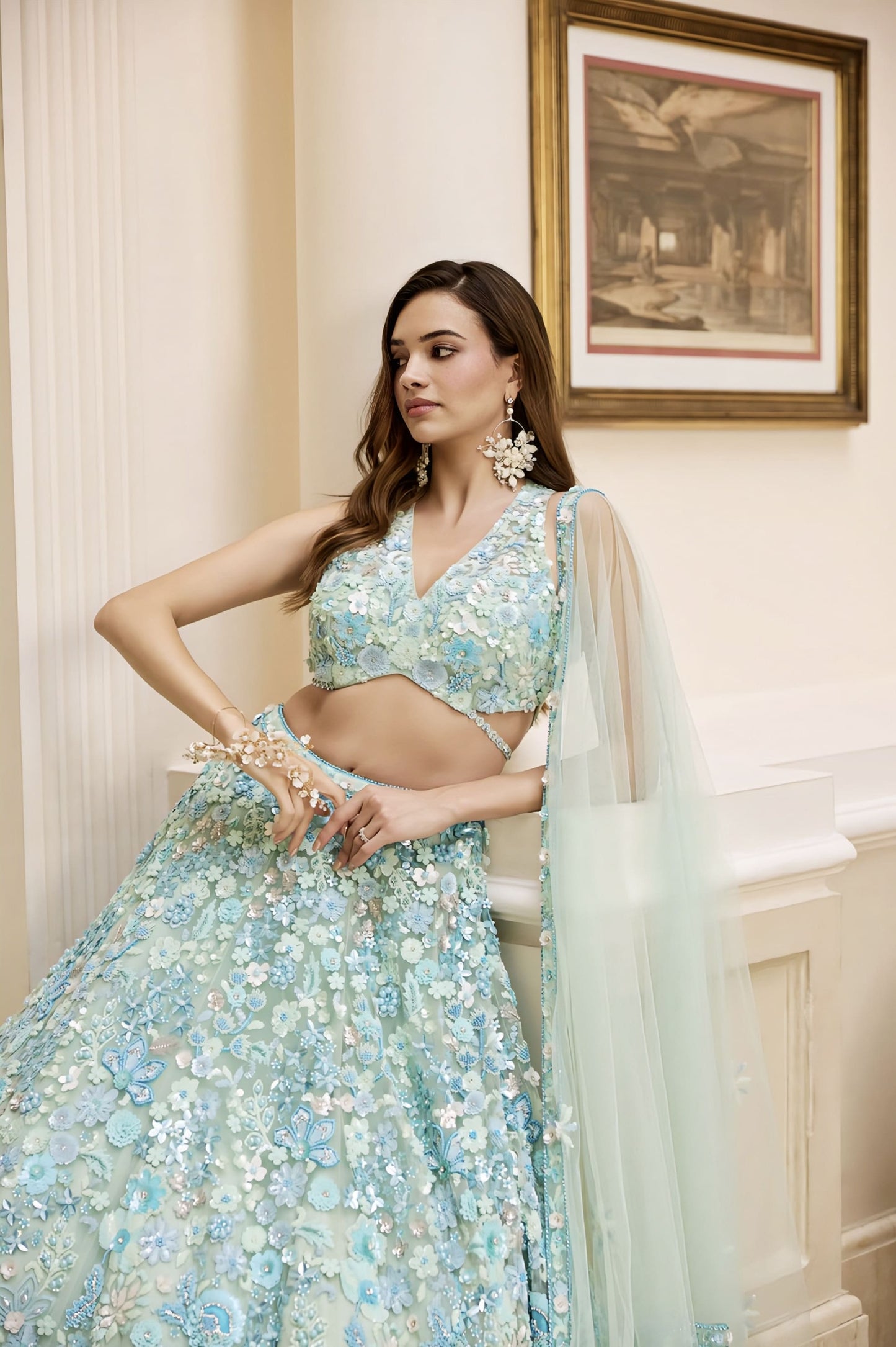 Light Blue Floral Lehenga Set in Tulle & Net Fabric for Wedding Wear