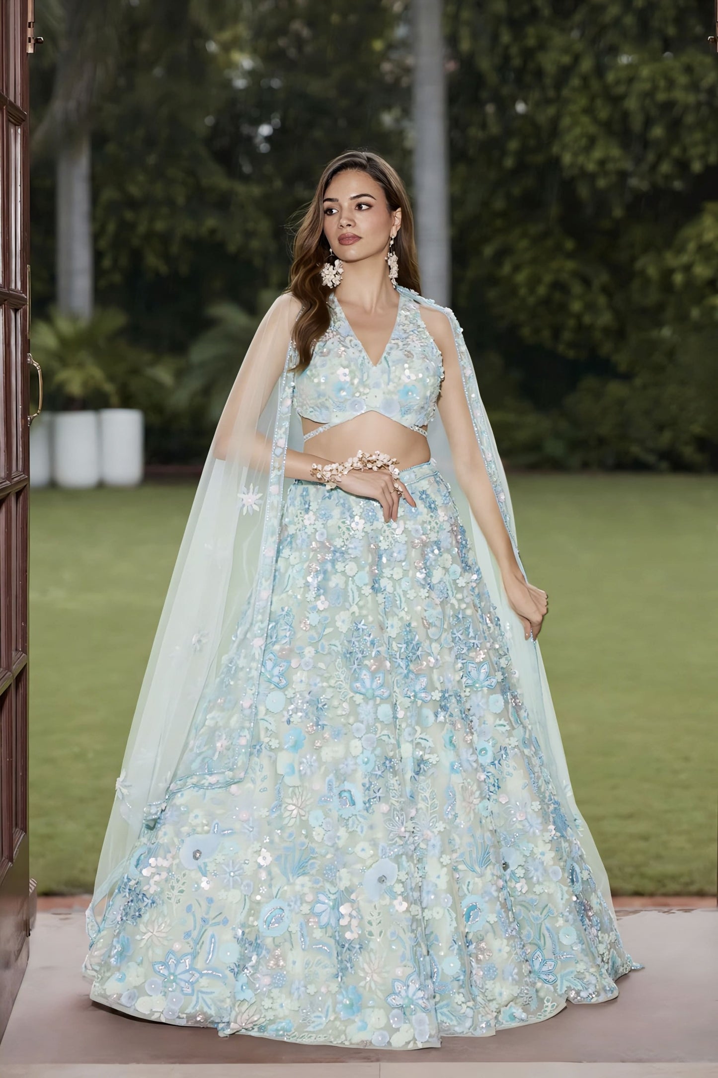 Light Blue Floral Lehenga Set in Tulle & Net Fabric for Wedding Wear