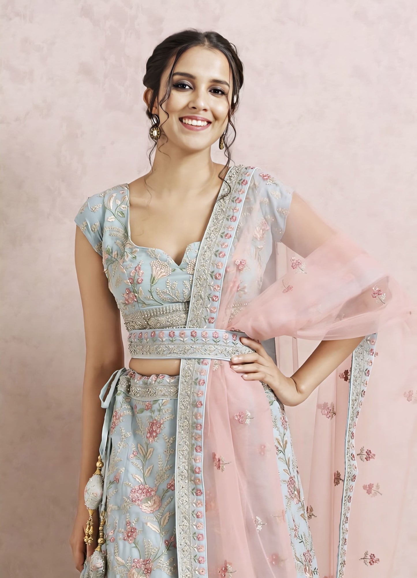 Light Blue Floral Bridal Lehenga with Hand Embroidery & Zari Work