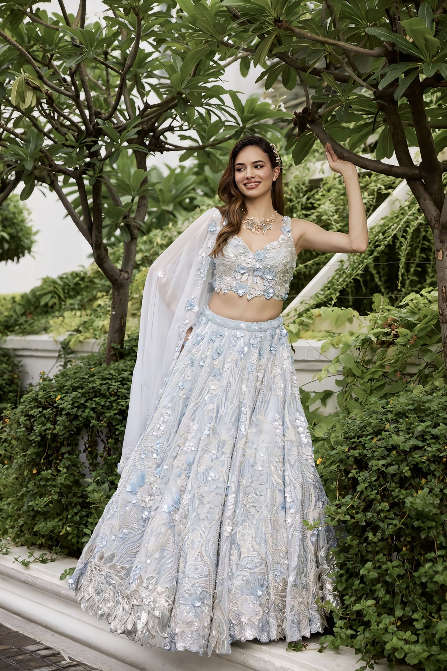 Light Blue Floral Lehenga Set with 3D Applique Work