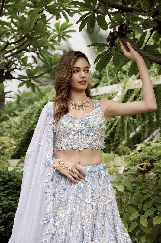 Light Blue Floral Lehenga Set with 3D Applique Work | Designer Wedding Wear