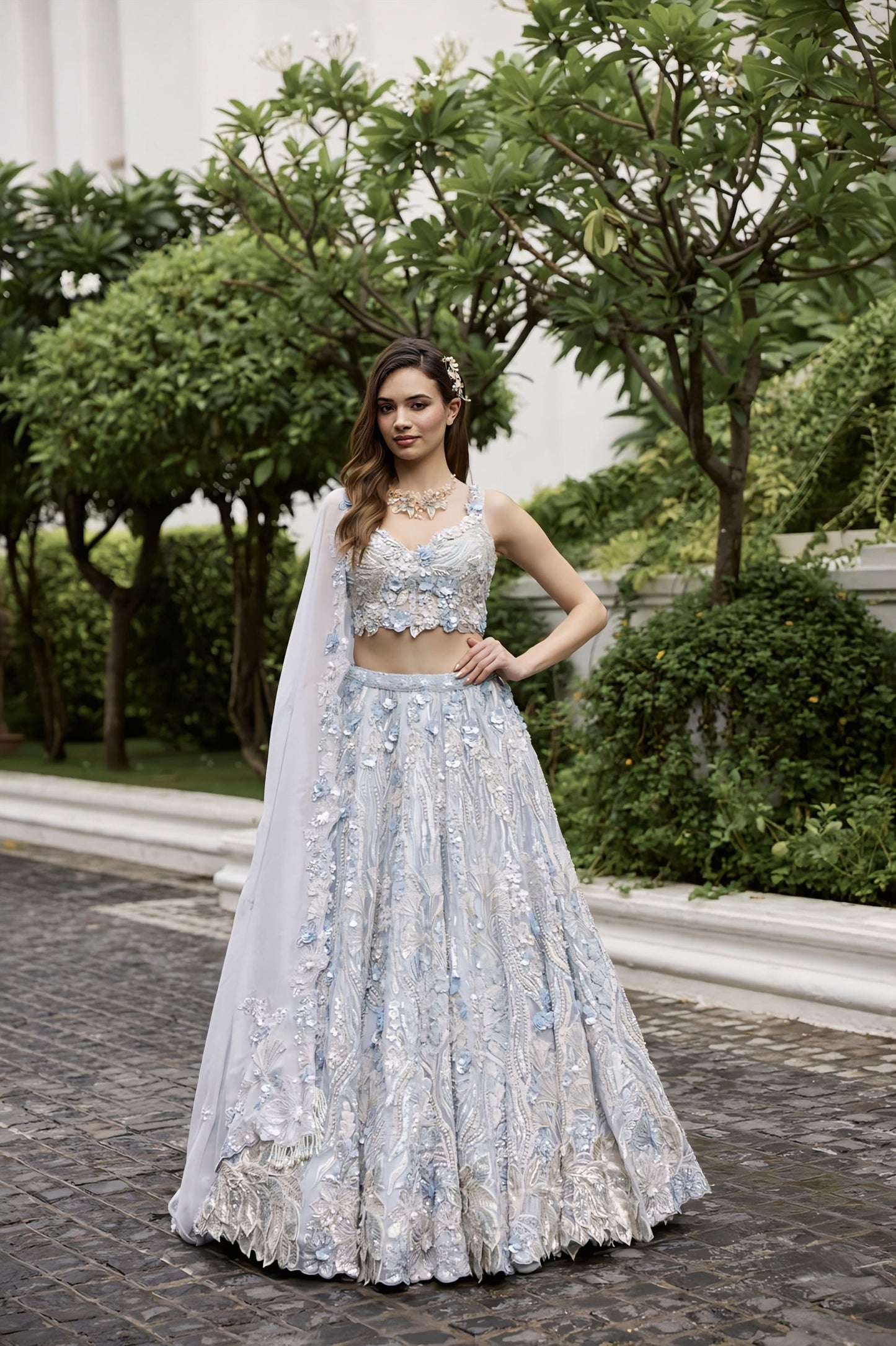 Light Blue Floral Lehenga Set with 3D Applique Work | Designer Wedding Wear