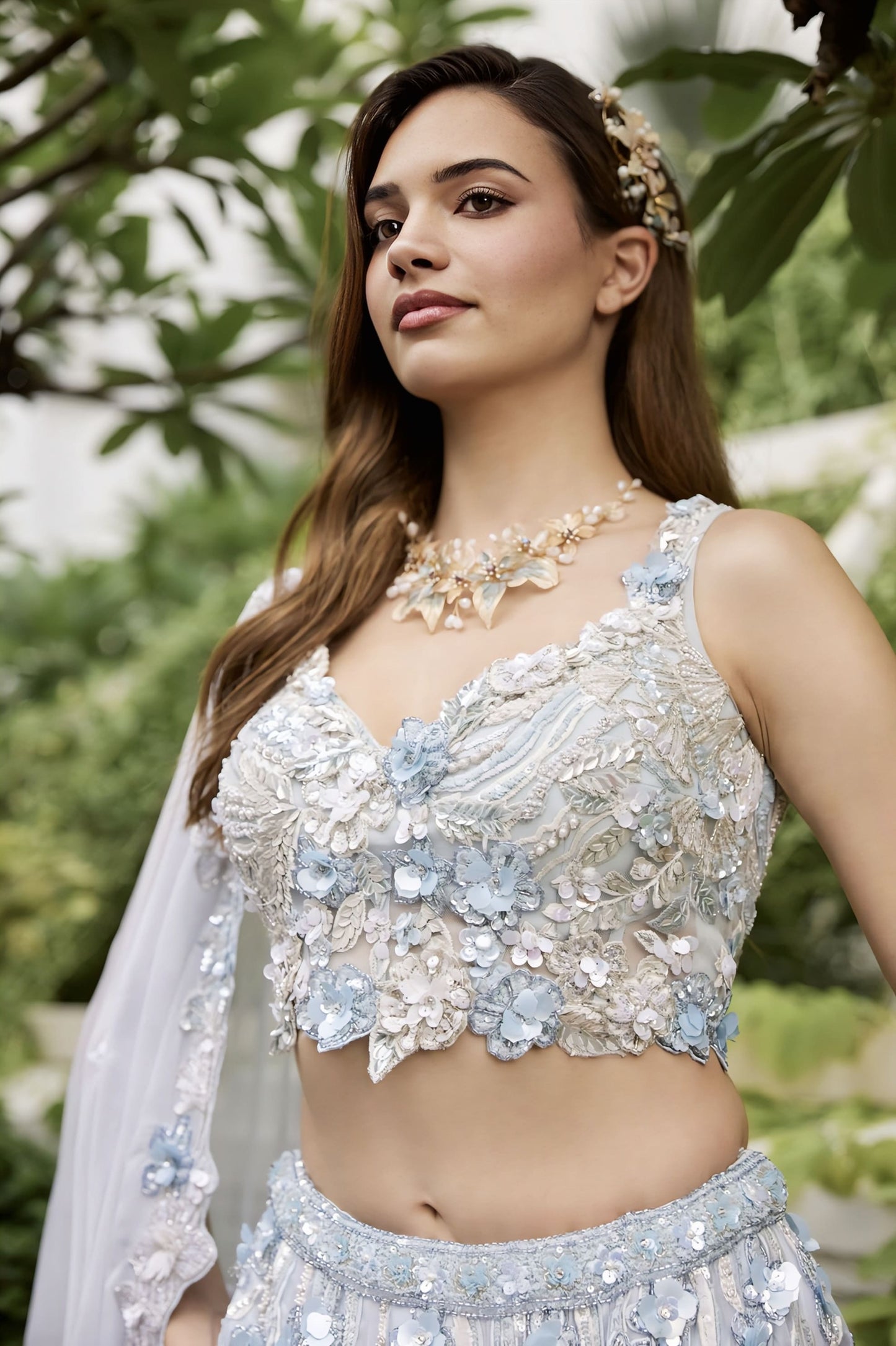 Light Blue Floral Lehenga Set with 3D Applique Work | Designer Wedding Wear