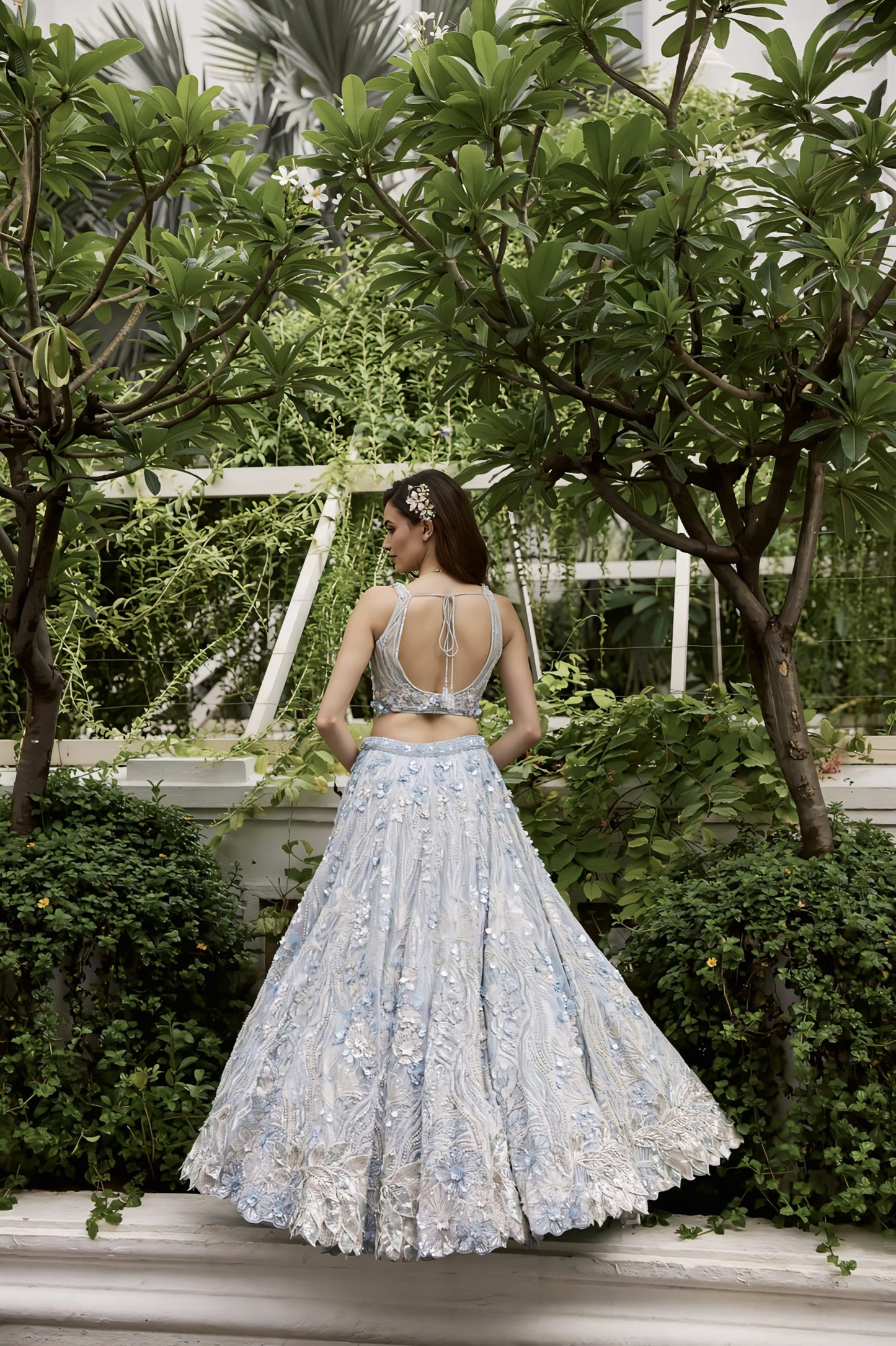 Light Blue Floral Lehenga Set with 3D Applique Work | Designer Wedding Wear